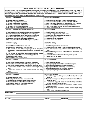 Neck Disability Index Questionnaire  Form