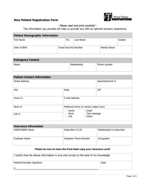 New Patient Registration Form Physical Therapy