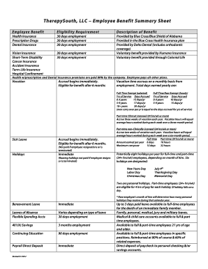 Employee Benefits Summary Sheet  Form