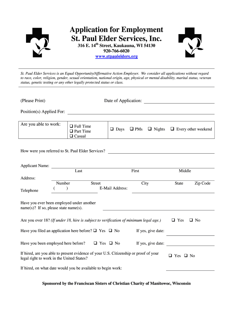 Application for Employment St Paul Elder Services, Inc  Form