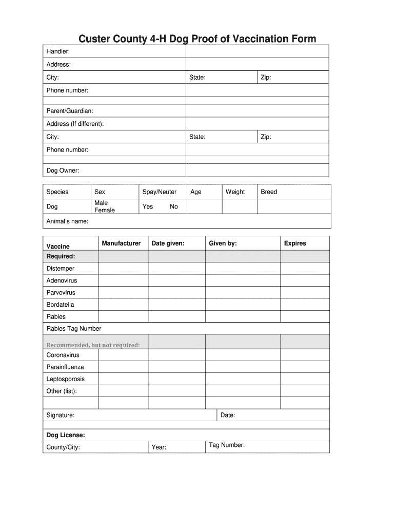 Dog Proof of Vaccination Form University of Idaho Extension Co Custer ID