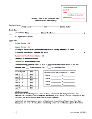 Military Order of the Stars and Bars Application  Form