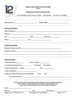 Wage Loss Verification Form Claimant I2 Investigations I2