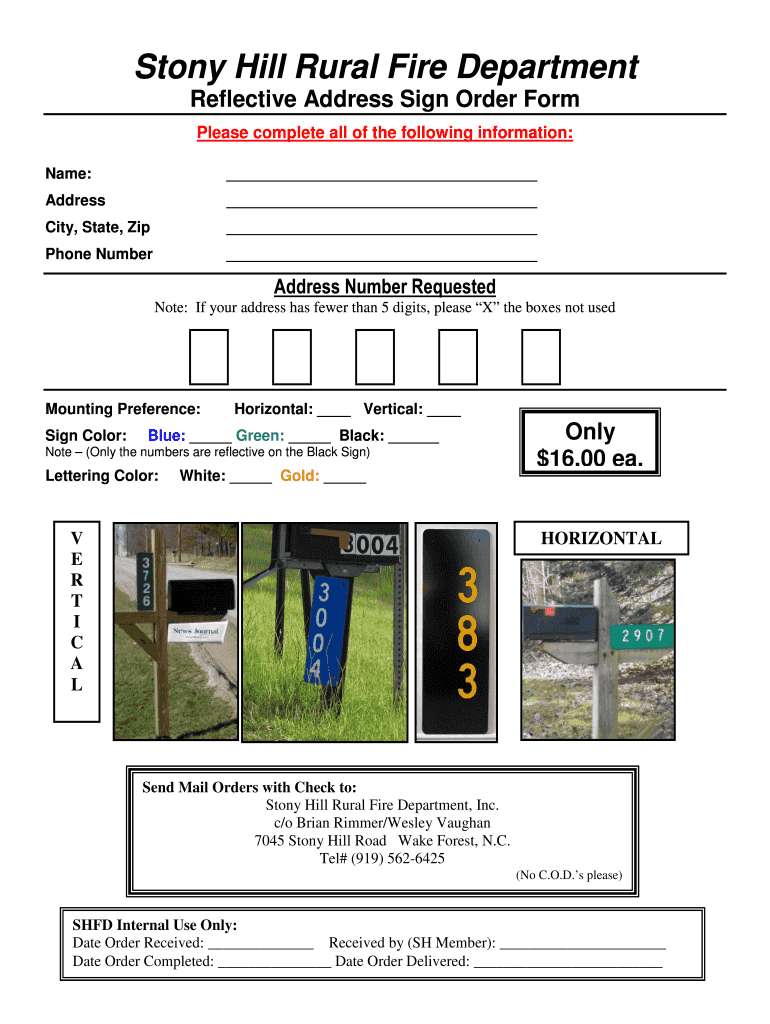 Reflective Address Sign Order Form Stonyhillfire