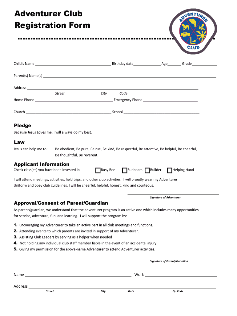 Adventurer Registration  Form