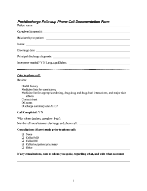 Discharge Follow Up Phone Call Template  Form