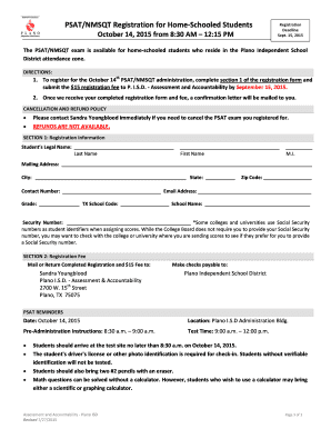 PSAT Registration Form Plano Independent School District Pisd 2015