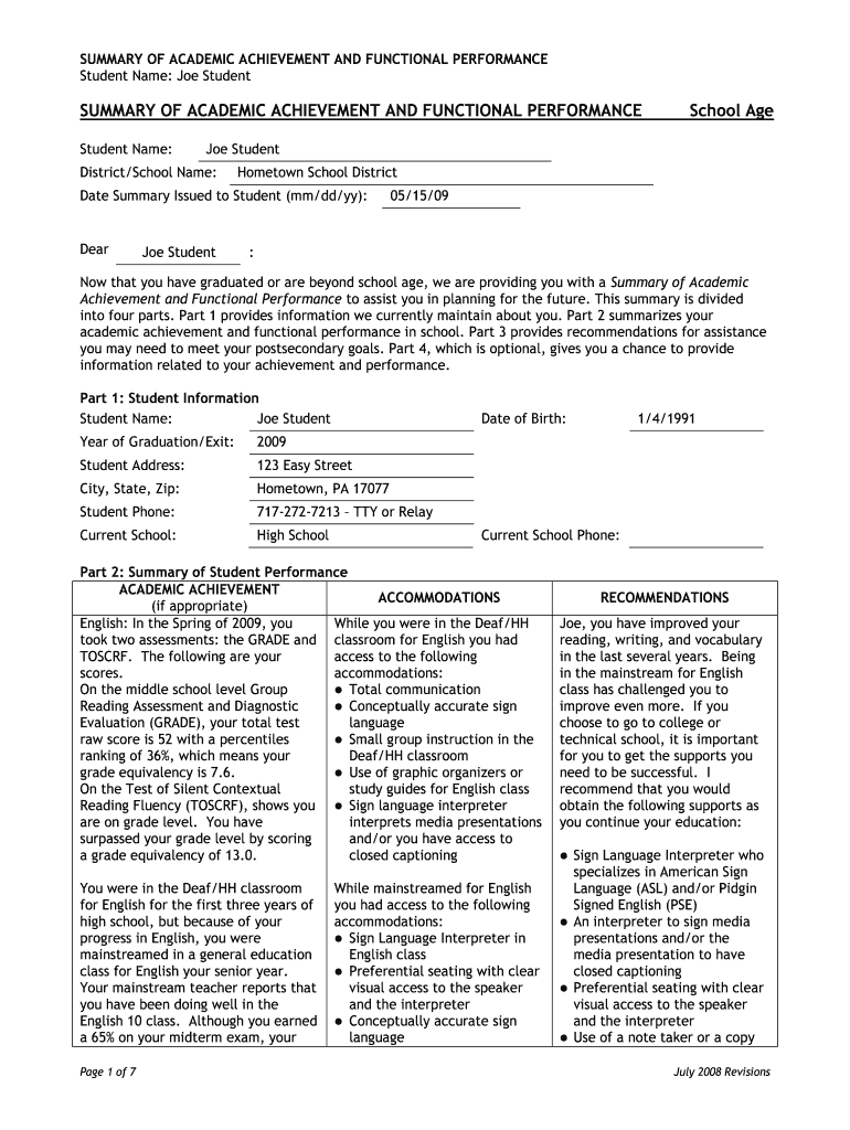 SUMMARY of ACADEMIC ACHIEVEMENT and FUNCTIONAL PERFORMANCE Student Name Joe Student SUMMARY of ACADEMIC ACHIEVEMENT and FUNCTION