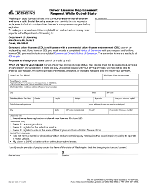 License Replacement of Washington  Form