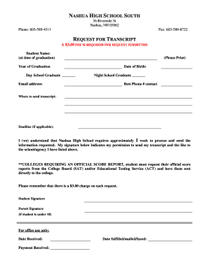 Nashua High School North Transcript Request  Form