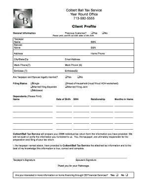 Client Profile PDF Colbert Ball TAX SERVICE  Form