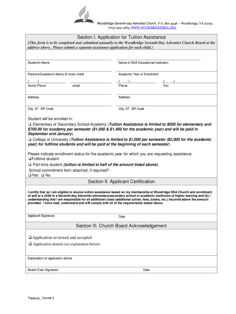 Section I Application for Tuition Assistance  Woodbridgesda  Form