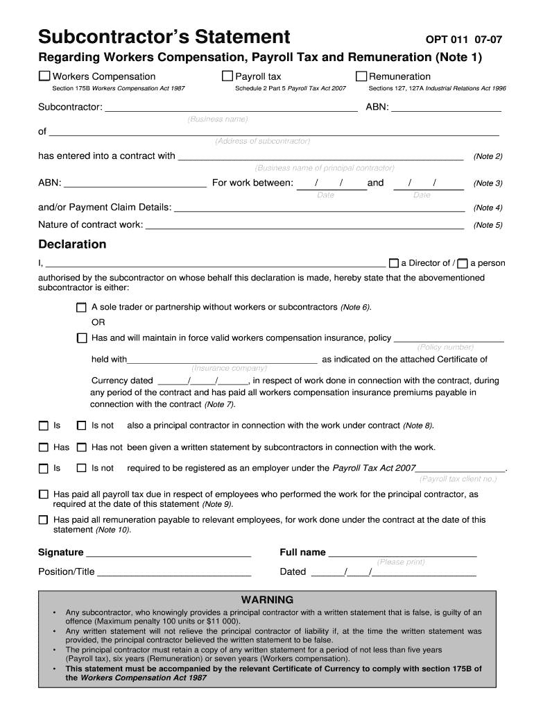  Subcontractor Statement Form 2007