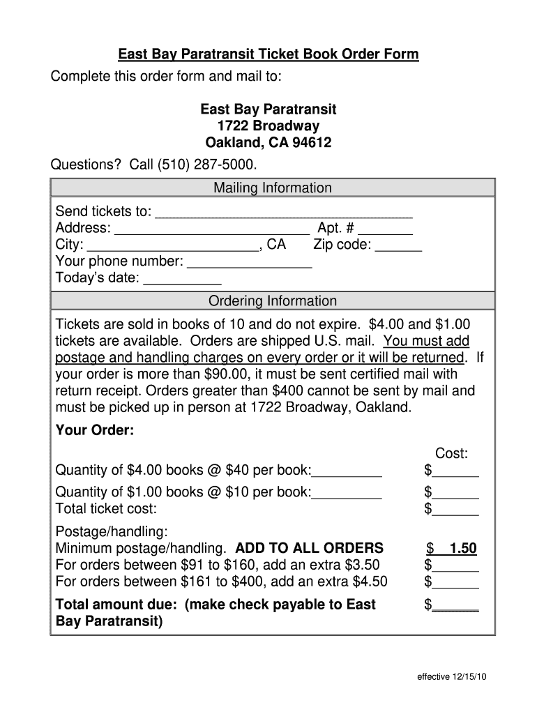 East Bay Paratransit Ticket Book Order Form Complete This Order    Eastbayparatransit