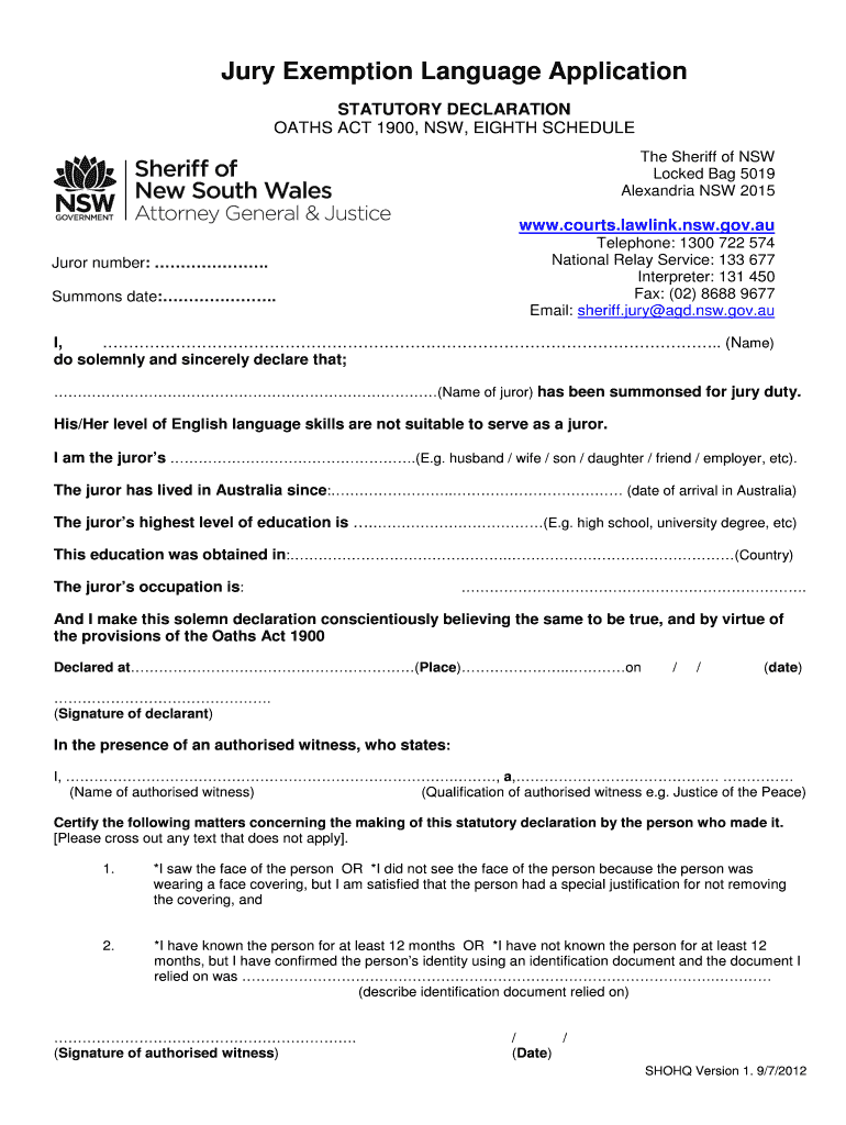 Jury Exemption Language Application  Form