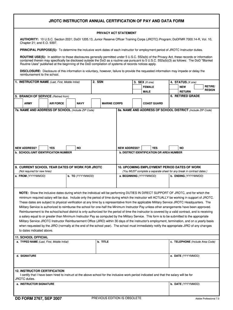 DD Form 2767, JROTC Instructor Annual Certification of Pay and