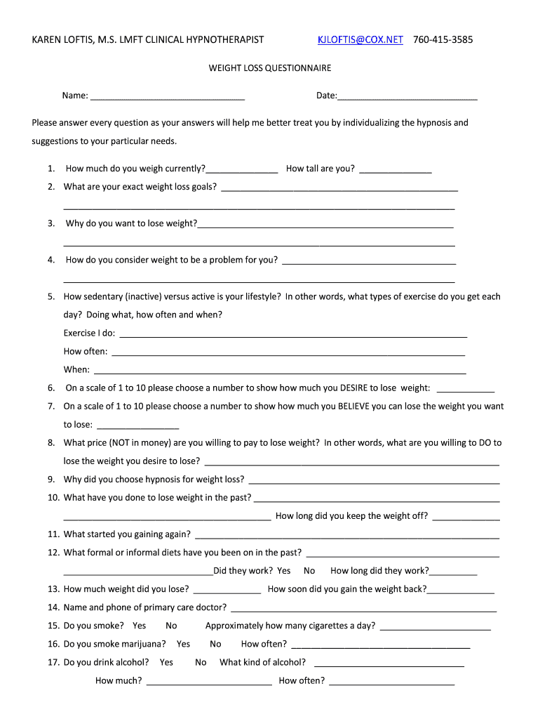 Weight Loss Questionnaire  Form