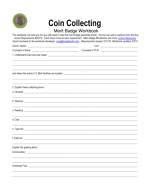 Coin Collecting Merit Badge Worksheet  Form