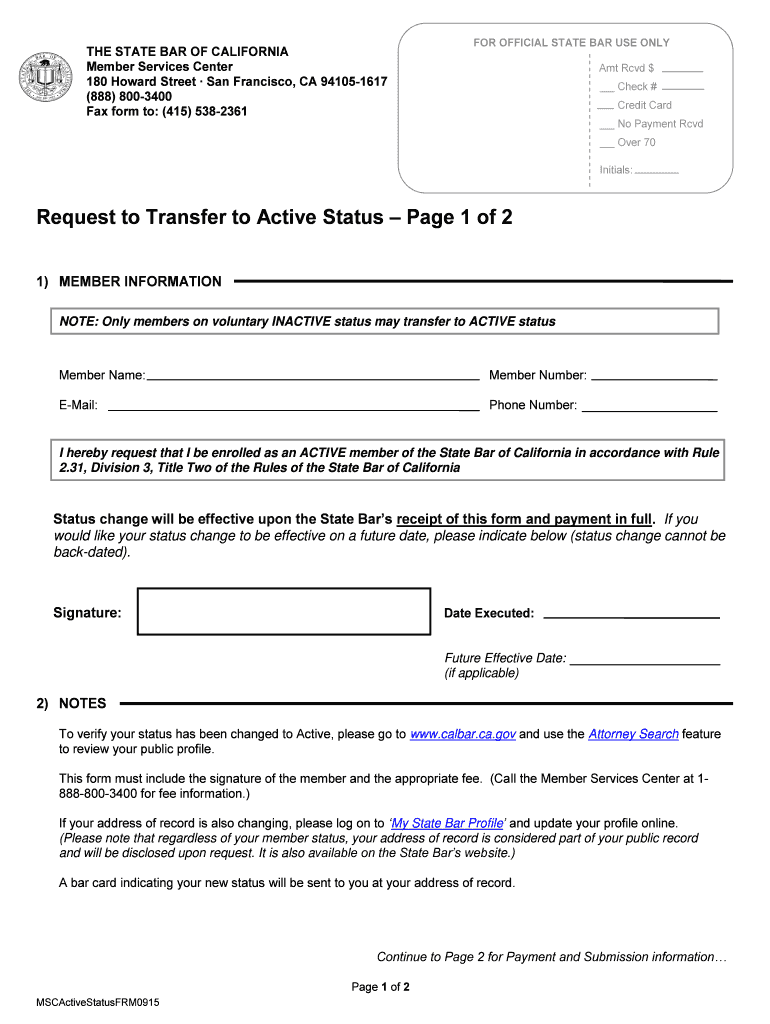  Request to Transfer to Active Status Calbar Ca 2015