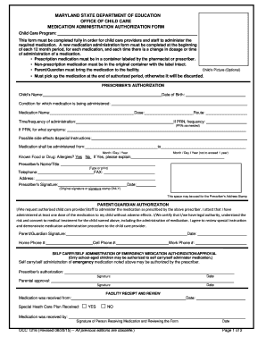 MSDE OCC Medication Administration Authorization Form Msde Maryland