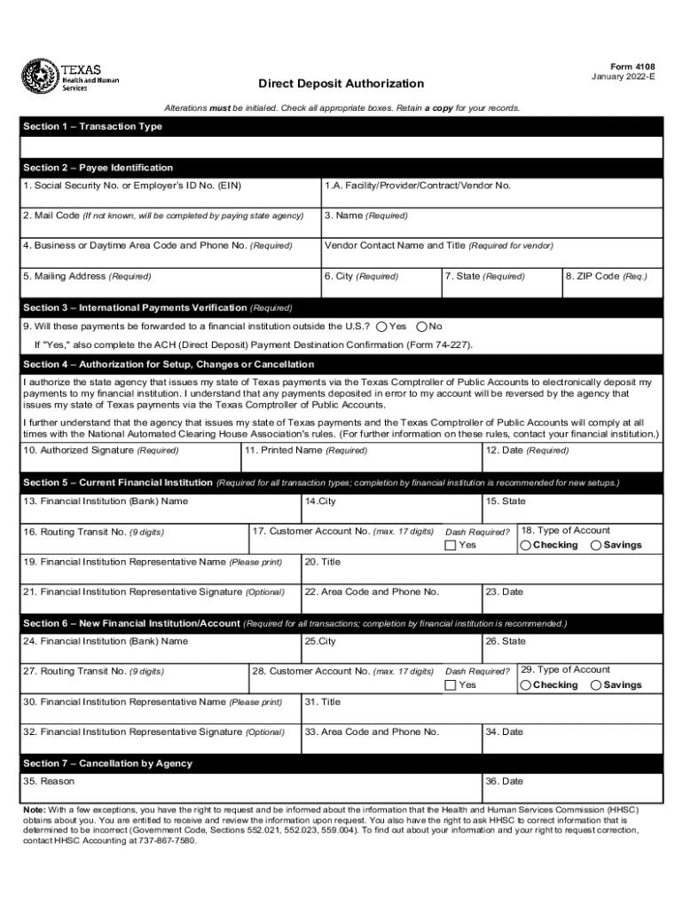  Texas Direct Deposit Authorization Form 4108 2022-2026
