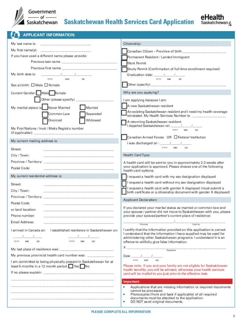  Saskatchewan Health Services Card Application 2021-2026