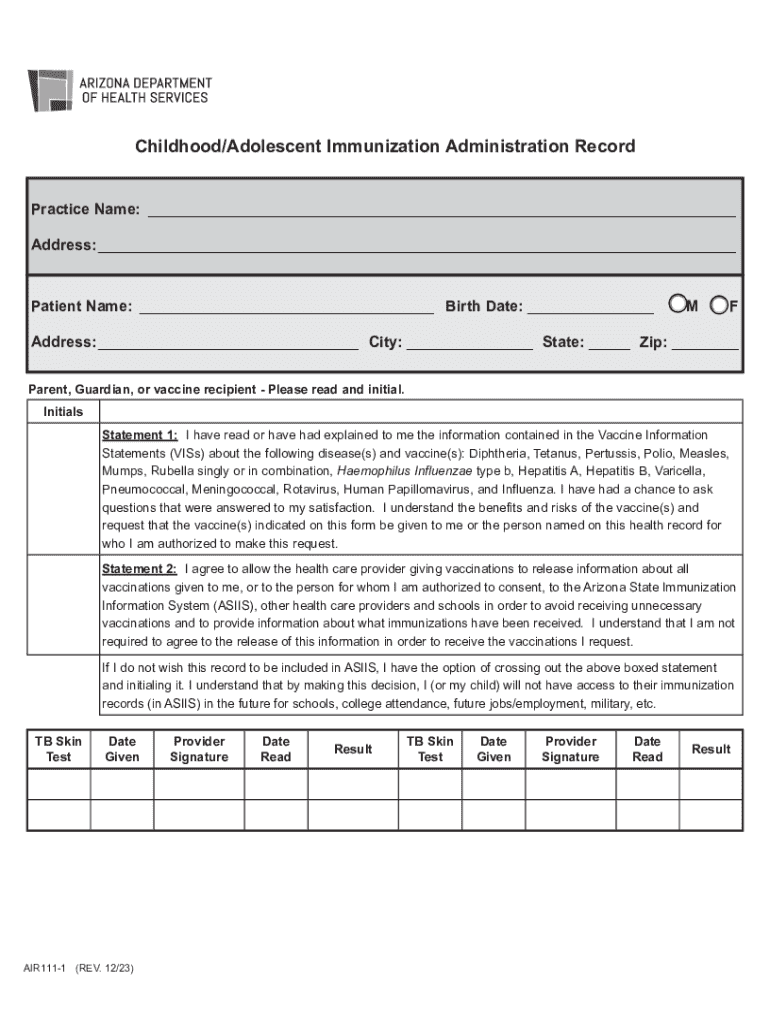 Childhood Adolescent Immunization Administration Record PDF  Form