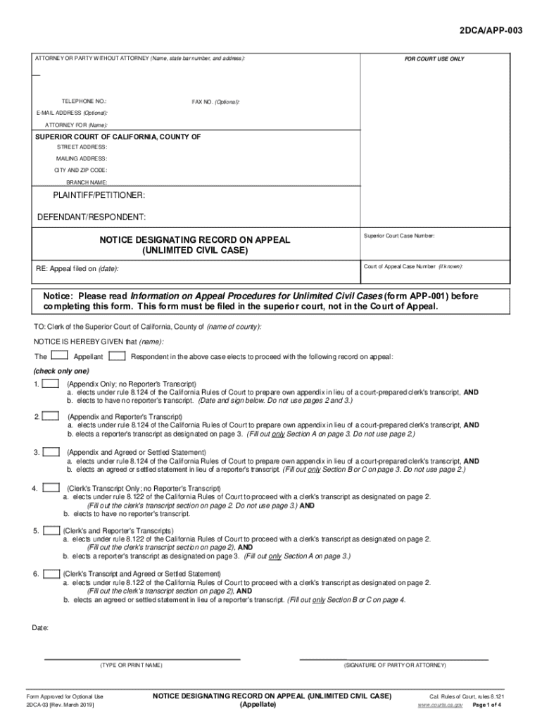 Notice Designating Record on Appeal  Form