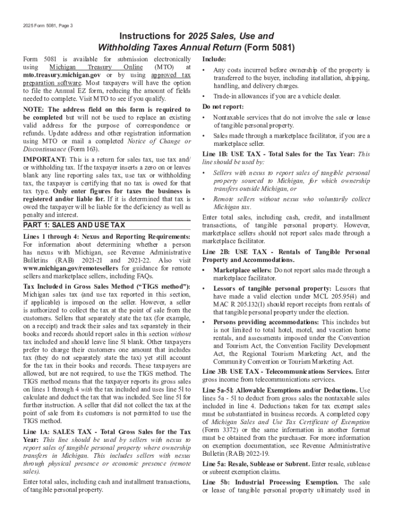 Instructions for Sales, Use and Withholding Taxes Annual  Form
