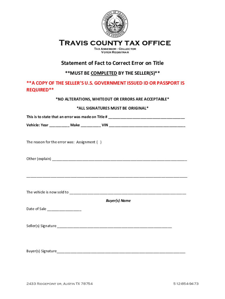  Texas Statement of Fact to Correct Error on Title 2025-2026