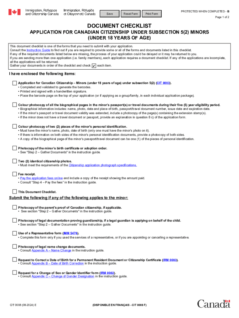 Canadian Citizenship Application Checklist for Minors  Form