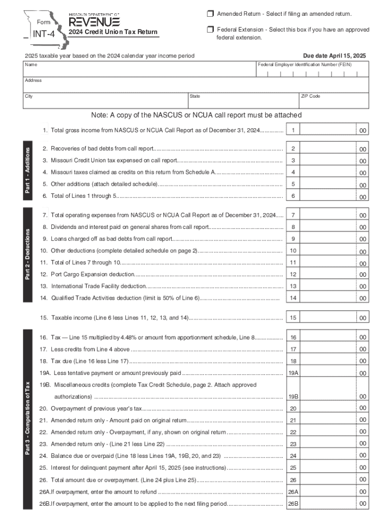 Form INT 4 Credit Union Tax Return