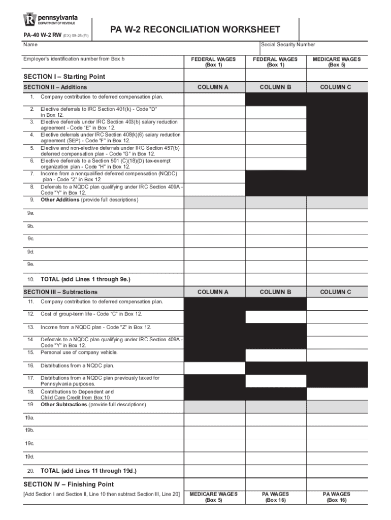START PA40 W2 RW EX 1222 HERE NamePA W2 RECONCIL  Form