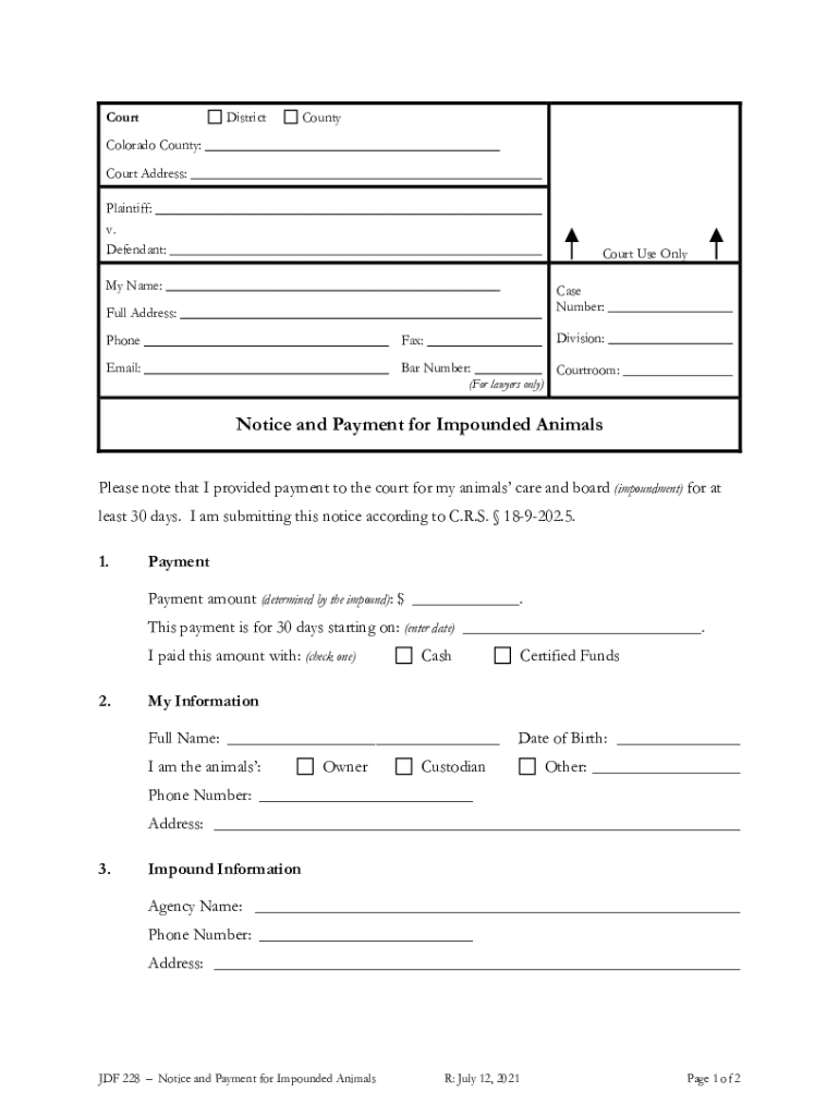  Colorado Notice and Payment for Impounded Animals 2021-2026