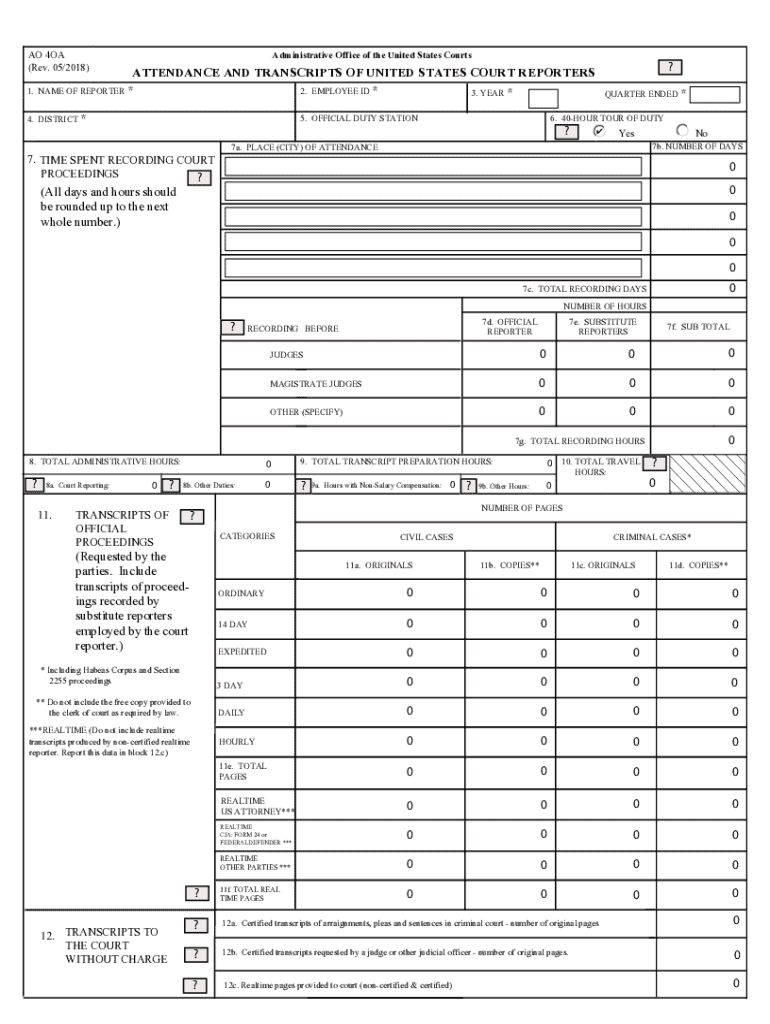 US Court Reporters Attendance and Transcripts Form