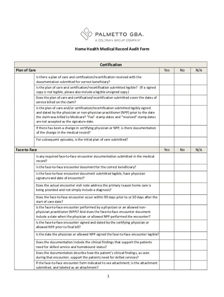 Home Health Medical Record Audit Form 2024-2026