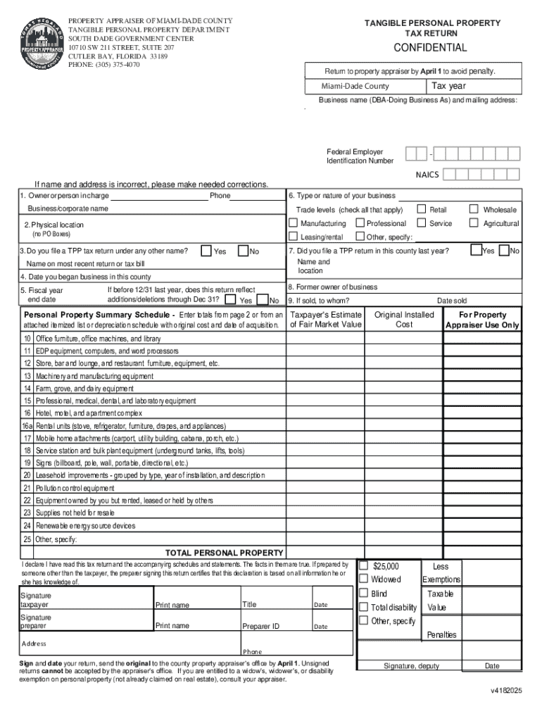 Miami Dade County Tangible Personal Property Tax Return  Form