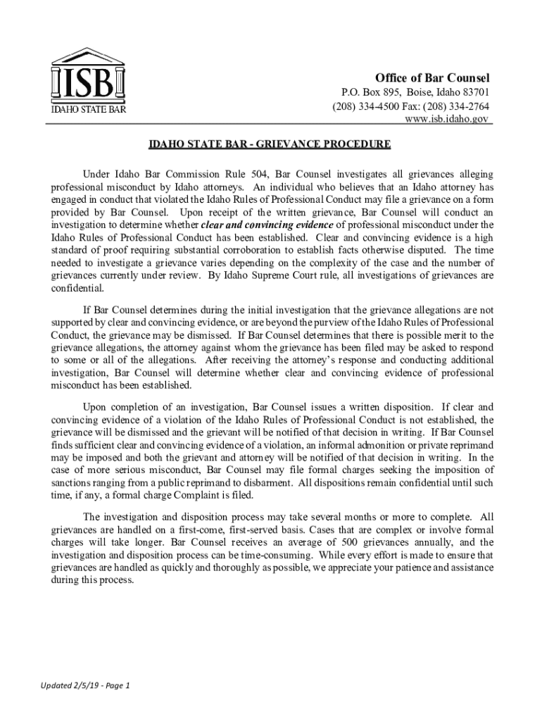 Idaho State Bar Grievance Form