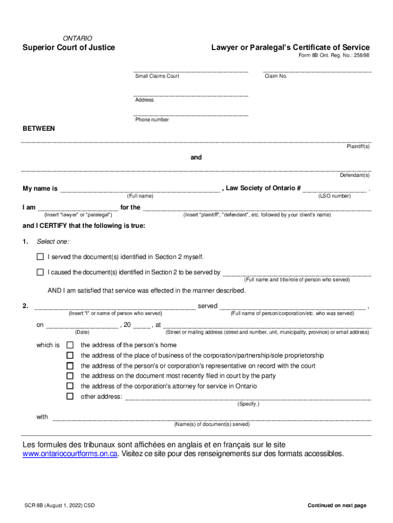 Ontario Superior Court Lawyer or Paralegal Certificate of Service  Form