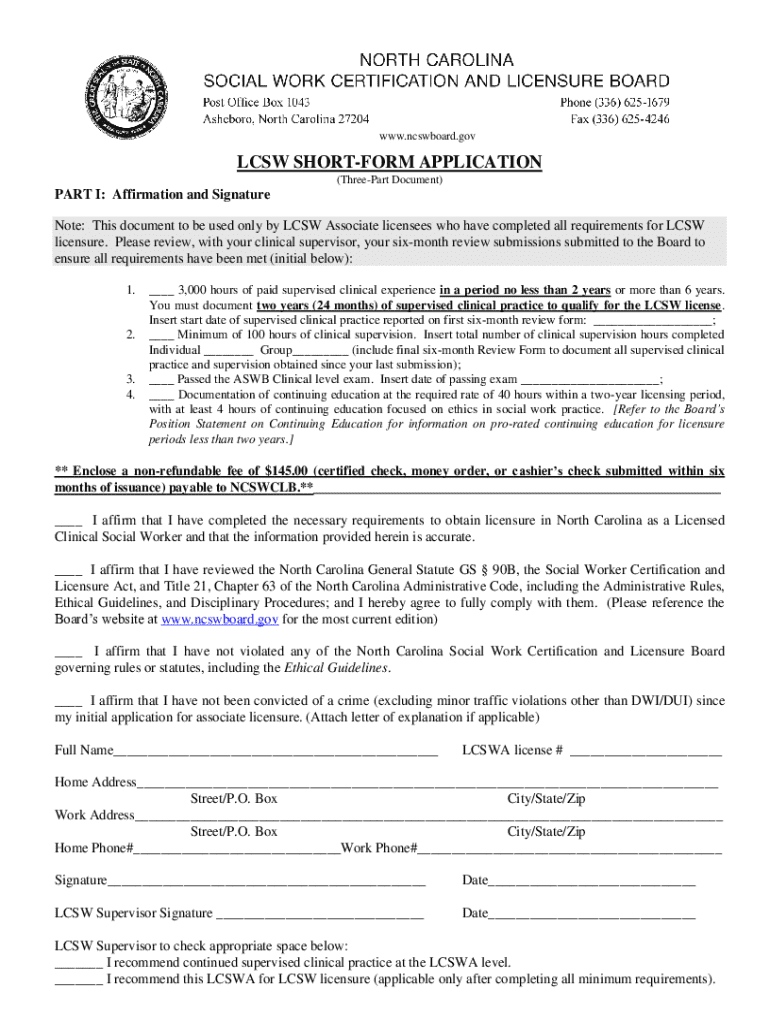  LCSW Short Form Application 2024-2026