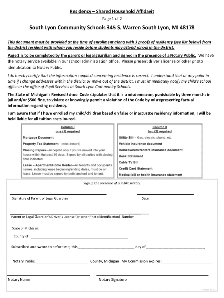 Residency Shared Household Affidavit  Form