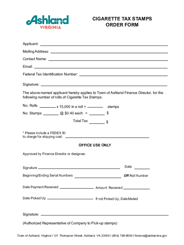 Cigarette Tax Stamps Order Form