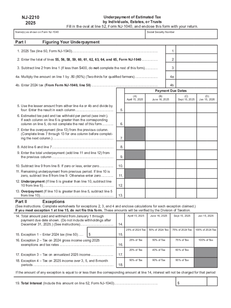 NJ 2210 Underpayment of Estimated Tax by Individuals, Estates, or Trusts NJ 2210 Underpayment of Estimated Tax by Individuals, E  Form