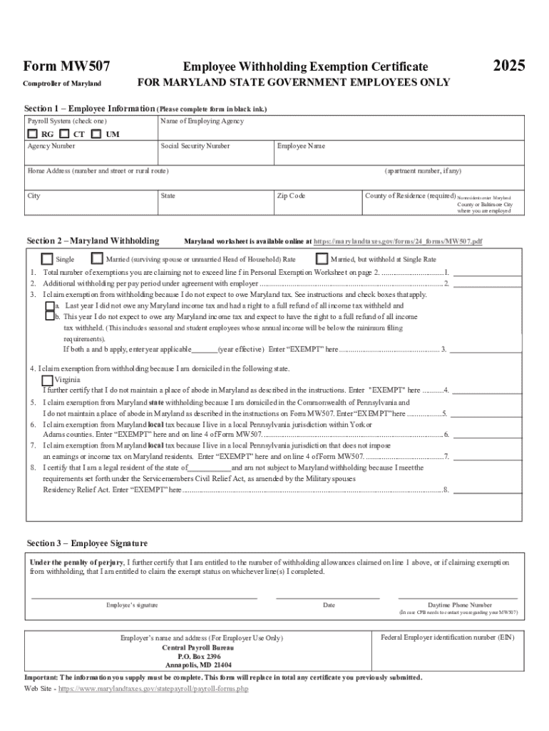 MD Employee Withholding Exemption Certificate MD MW 507  Form