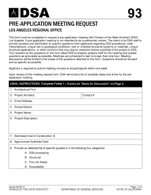  DSA 93 Pre Application Meeting Request Form State of California Documents Dgs Ca 2014