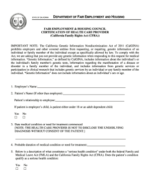 Dfeh Certification of Health Care Provider  Form