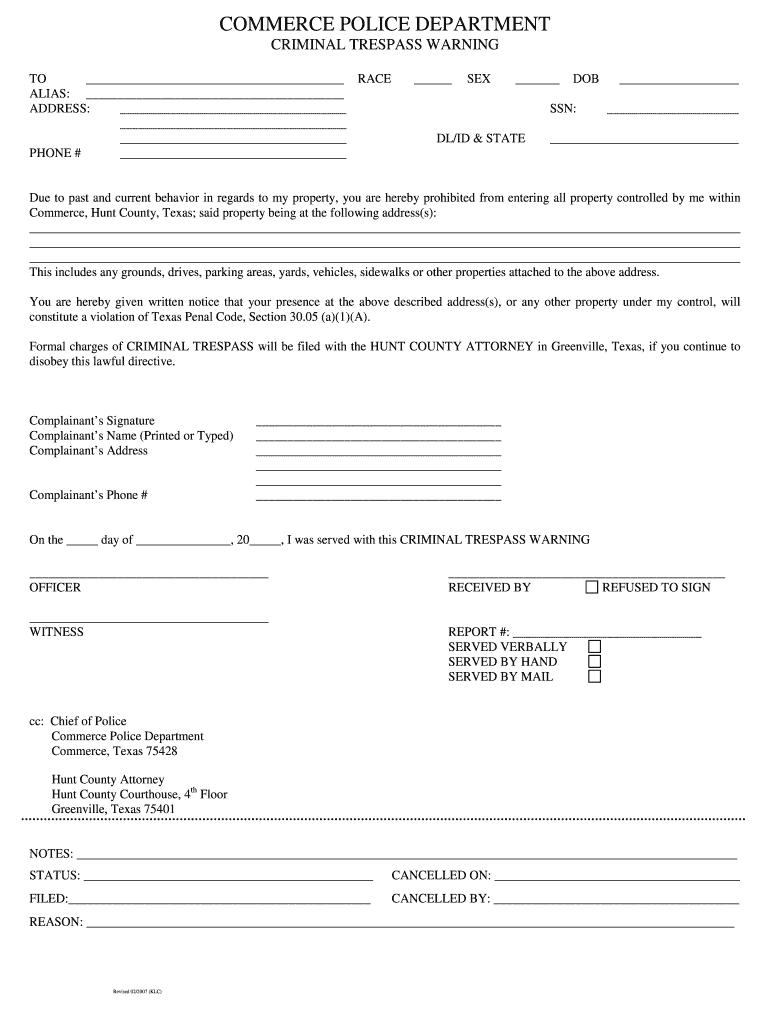  Texas Criminal Trespass Warning Form 2007-2024