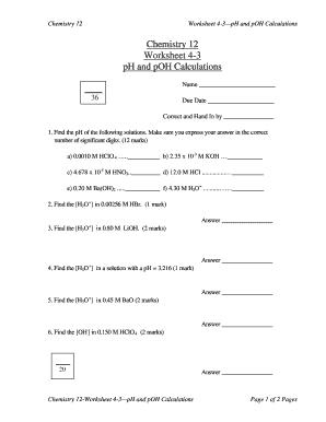 Ph and Poh Calculations Worksheet with Answers  Form