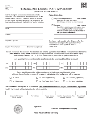  Form 749 Revised 9 Personalized License Plate Application MVC Not for Motorcycles Submit All Original or Replacement Application 2014
