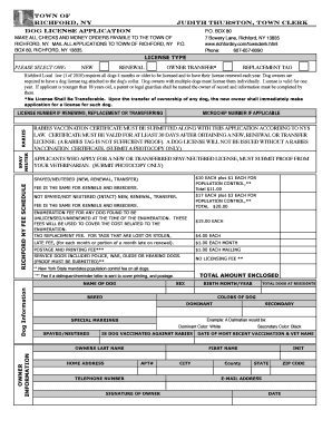 Town of Richford NY Dog License Application Richford, New York  Form